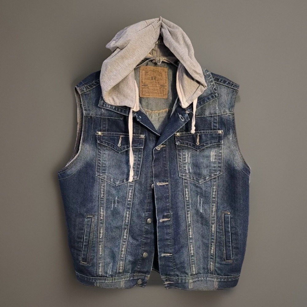 Bare Fox Denim Vest Men's 2XL Hooded Distressed Button Up Boho